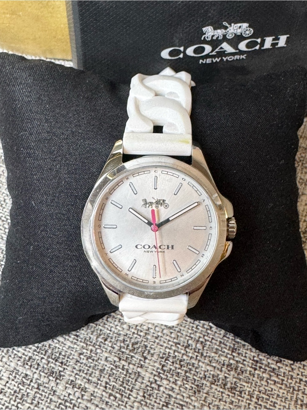 Coach White Silicone Strap Silver Dial Watch with Pink Seconds Hand
